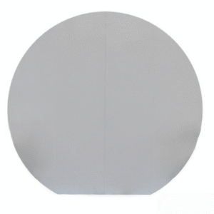 a plain white circular acrylic backdrop, the circle split into two combined halves