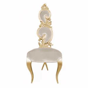 An ornate, uniquely-shaped white and champagne gold chair