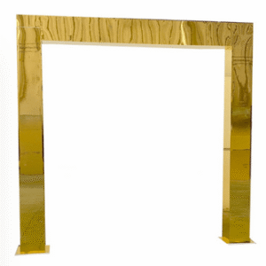 A reflective rectangular gold arch