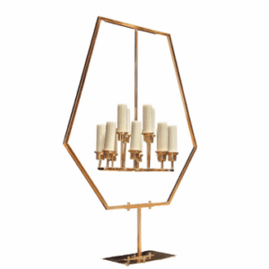 A hexagon-shaped candelabra which is capable of holding many pillar candles