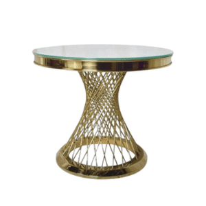 A unique gold and glass table, the gold supports twisting in a basket-like manner
