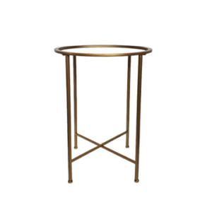 A small circular table with a mirror top and dark gold construction