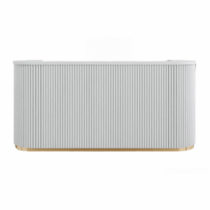 A white cocktail bar with gold accents at the bottom