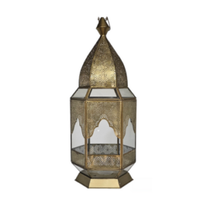 An ornate gold and glass lantern with decorative patina